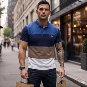 Lacoste Men's Blue Navy Brown White Block Stripe Polo